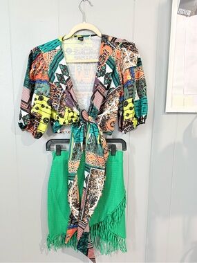 SHEIN Patchwork Open-Front Kimono with Teal Trim Set